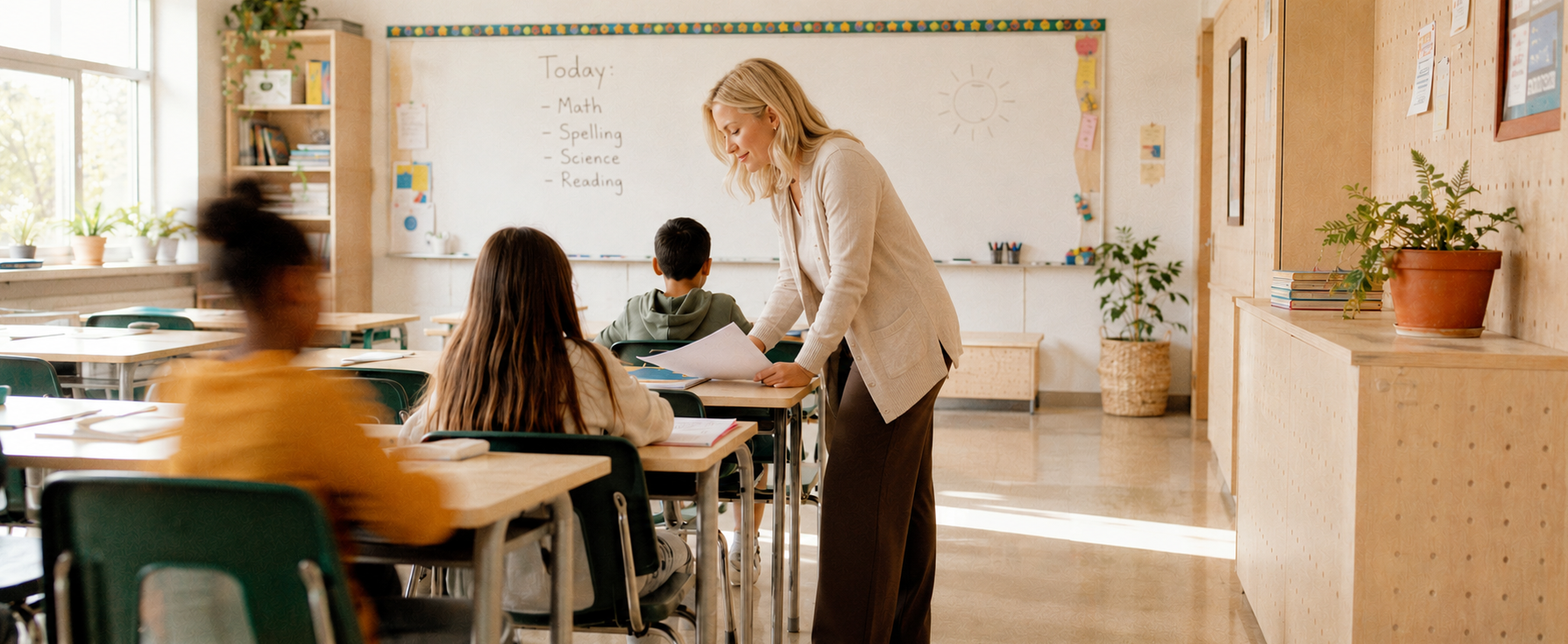 A teacher working one on one with students in a sunlit classroom